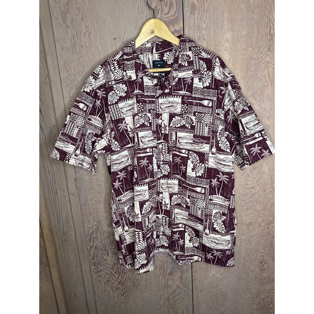 Quiksilver Maroon Canoe Monstera Palm Tree
 Button Down Aloha Shirt Men Size XL